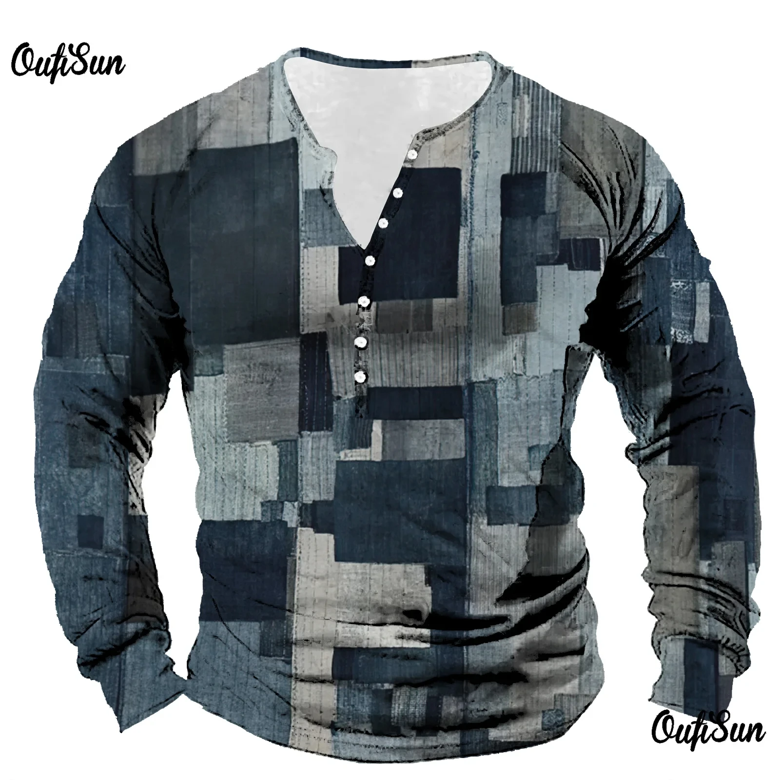 Vintage T-Shirt For Men Patchwork Denim Grid Graphic Long Sleeve Button T Shirts 3d Printing Tops Oversized Autumn Male Clothing