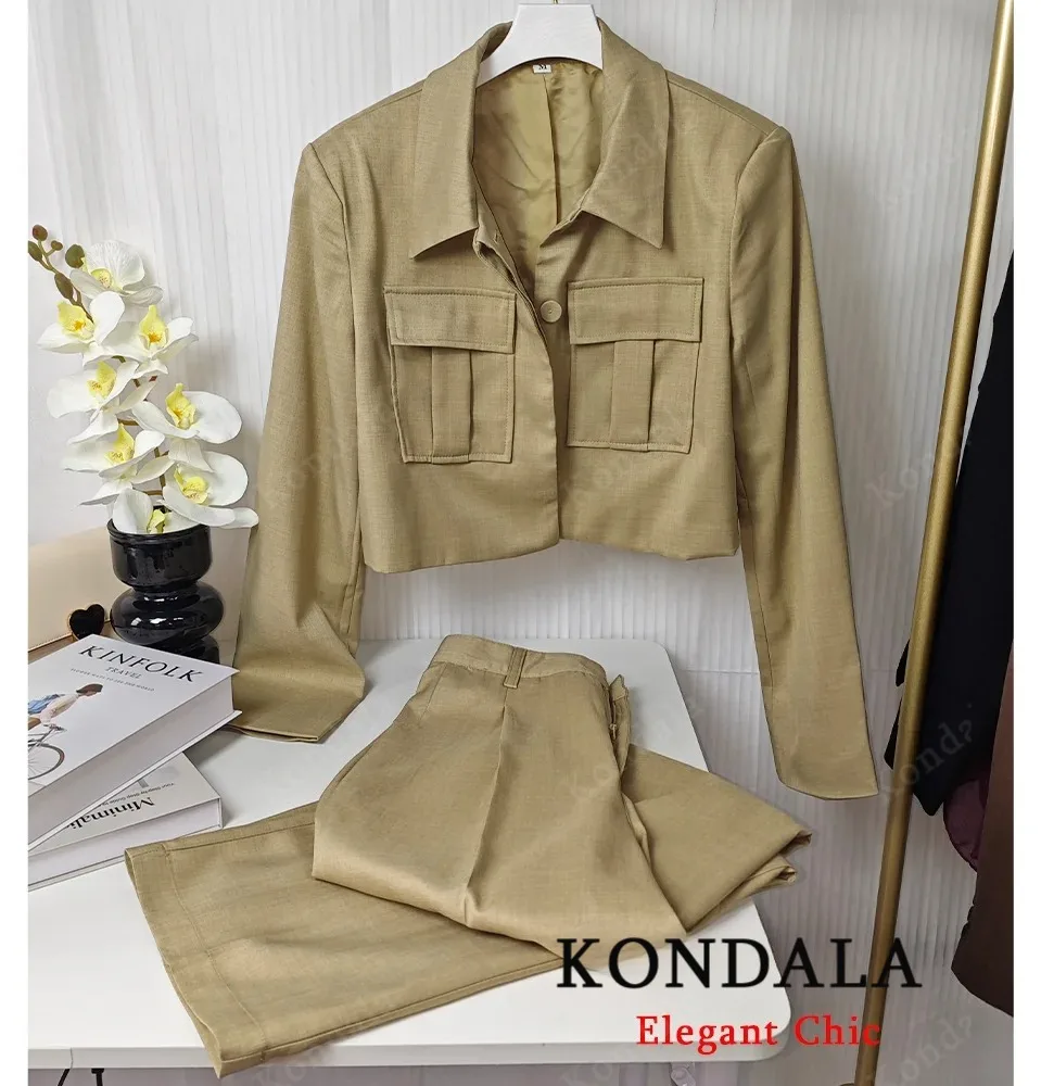 콘달라 가을 캐주얼 숏 블레이저 수트 여성 포켓 라펠 재킷 팬츠 포함 신상 2025 봄 여름 휴가 출퇴근 블레이저 수트
