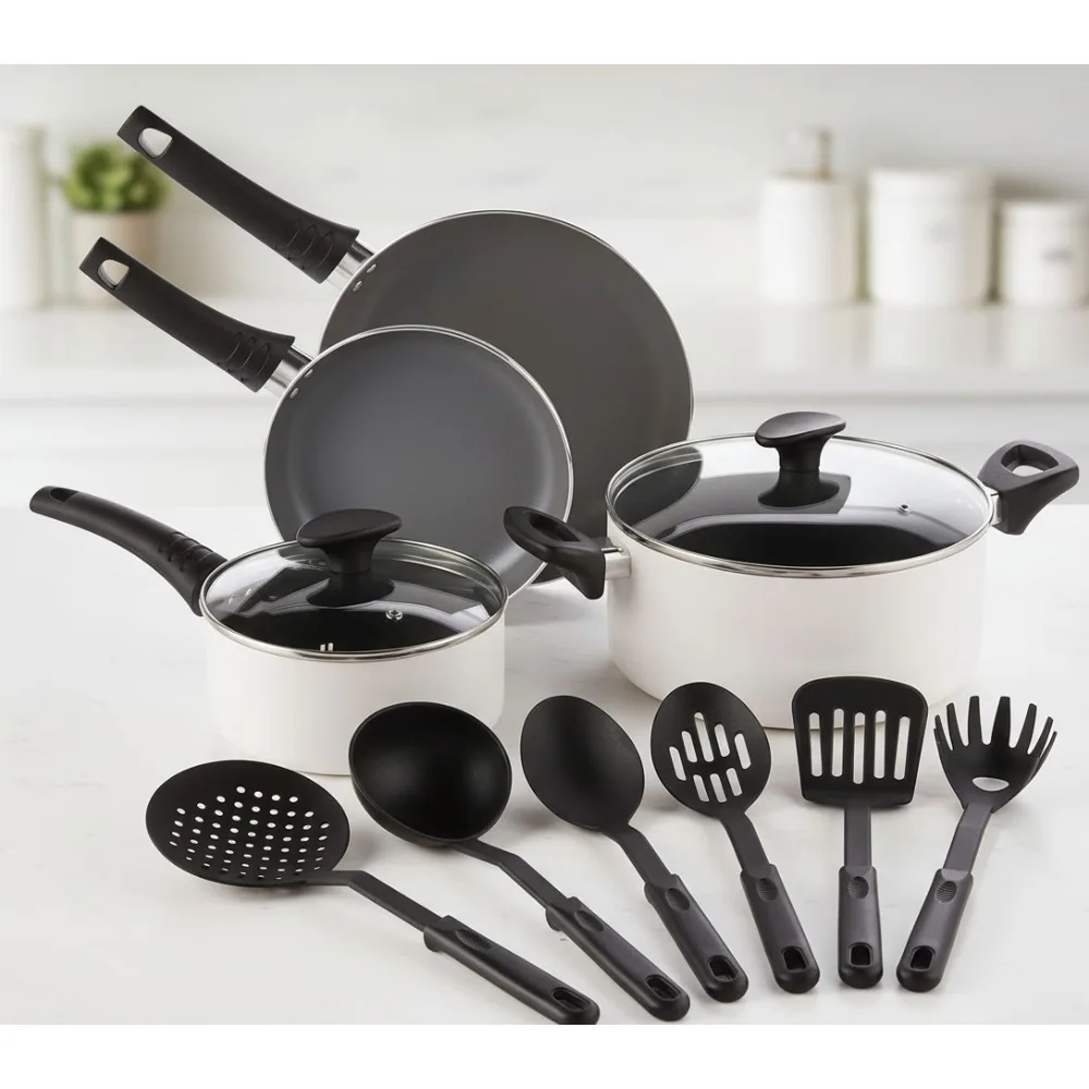 

12-Piece Nonstick Cookware Set with Utensils, PFOA-Free Scratch Resistant, Compatible All Stoves, Cream Color for Home Chefs