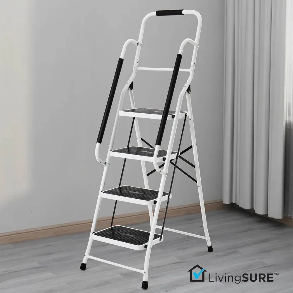 Heavy-Duty Steel Folding Safety Ladder with Anti-Slip Treads and Padded Handrails - Space-Saving Design Ideal for Home and Indus