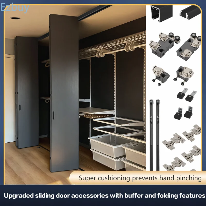 Wardrobe Folding Door Hardware Accessories Free Folding Cabinet Door Pulley Push-Pull Translation Hanging Rail Track Full Set