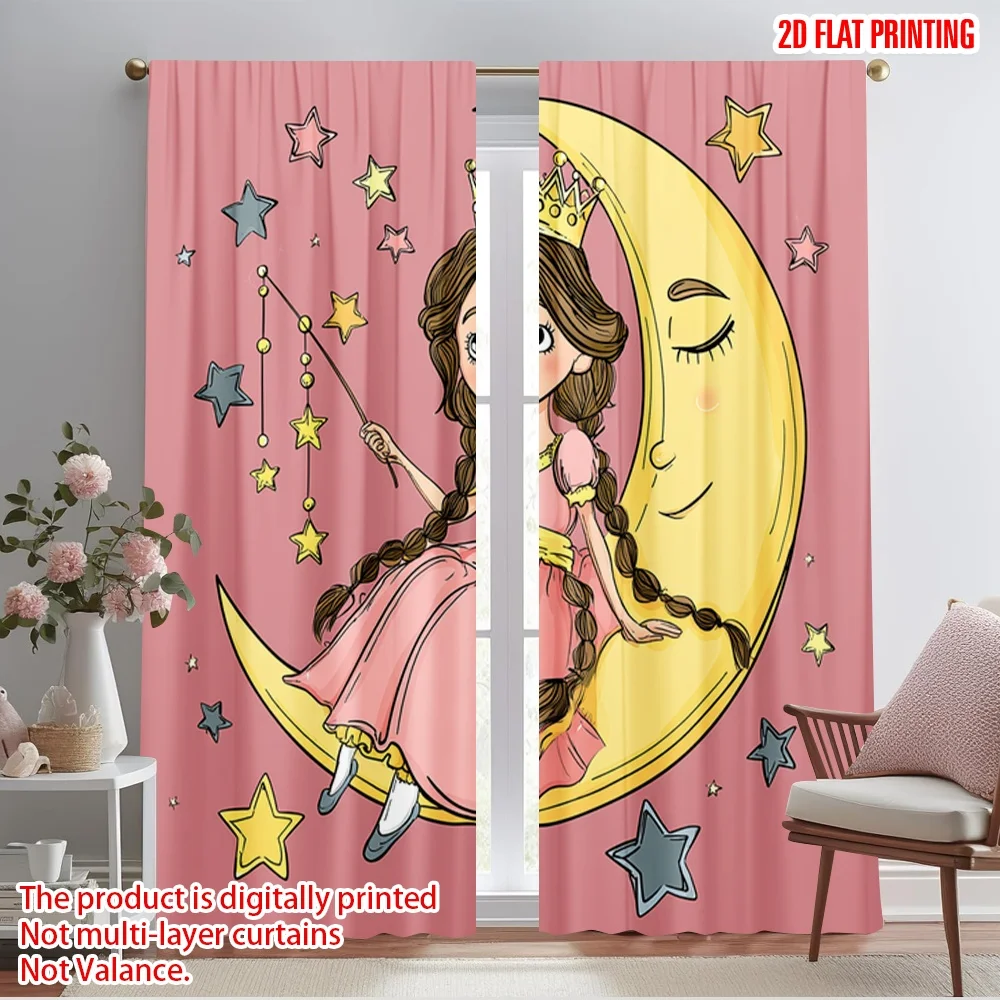 

2pcs 2D flat printing Drapes Cute Princess Moon Stars Fabric Without Electricity Holiday Decorations for room decor aesthetic