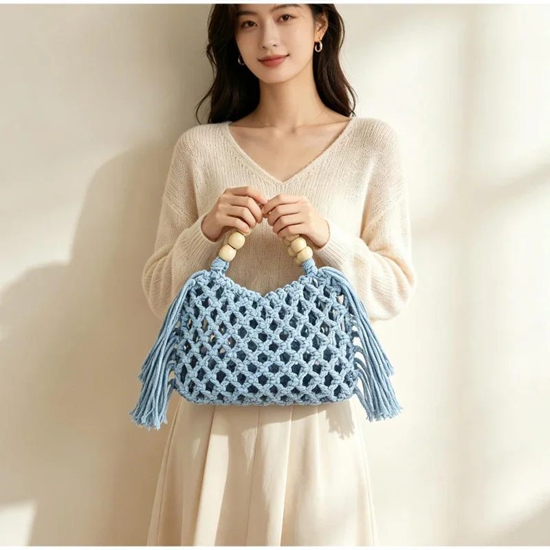 Boho Häkel-Handtasche mit Aushöhlungen und Quasten, Holzperlen-Griff, Gewebte Strandtasche, Sommer-Urlaub Strohtasche, Damen Casual Schultertasche – Detail 6