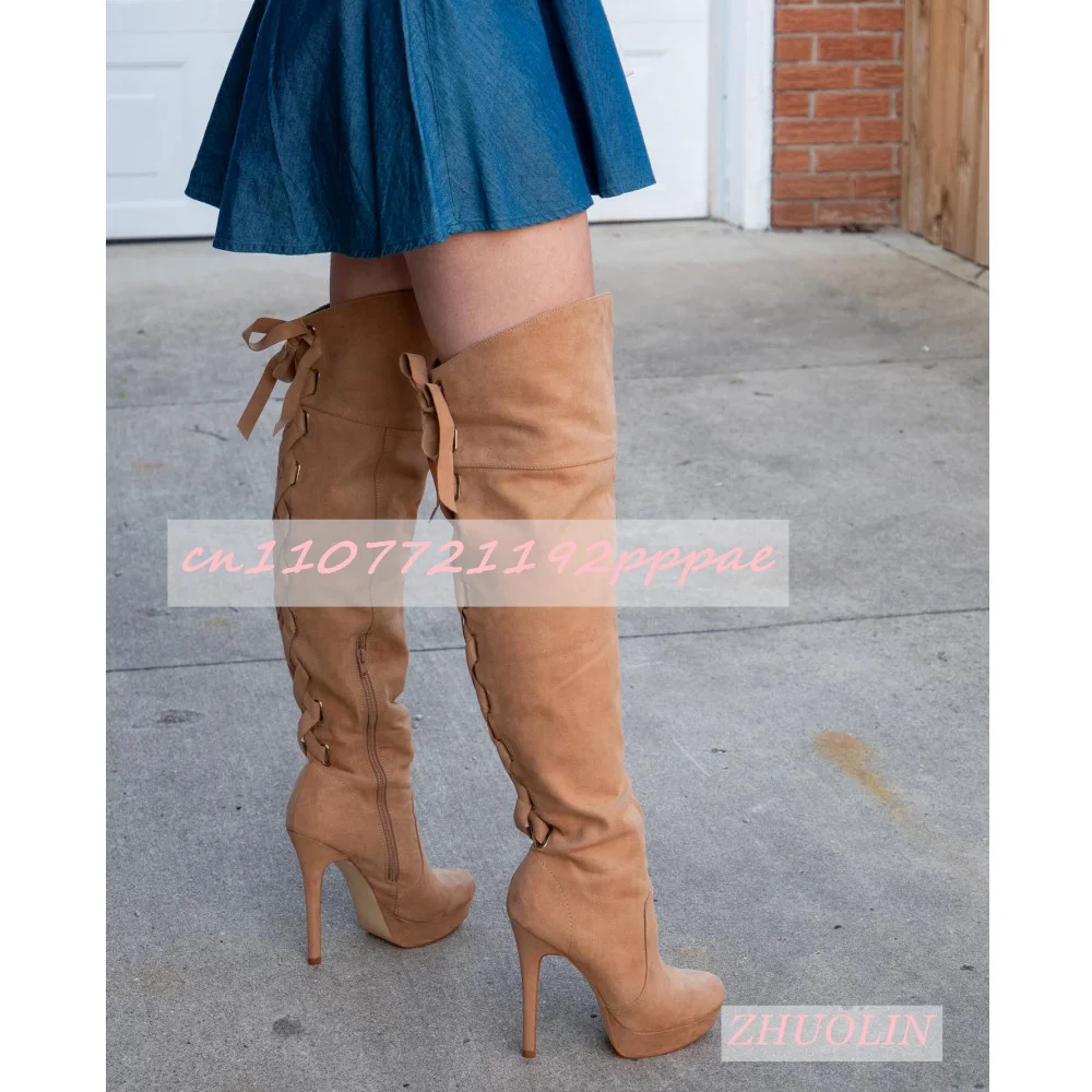 

Retro Brown Suede Over The Knee Boots Ladies Round Toe Lace Up Platform Boots Winter Casual Party Side Zipper Big Size Boots 46