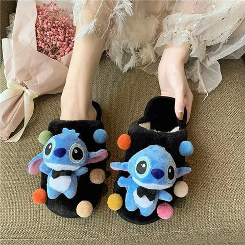 Disney Stitch new cute and sweet women's winter comfortable, soft and skin-friendly home warm cartoon plush cotton slippers