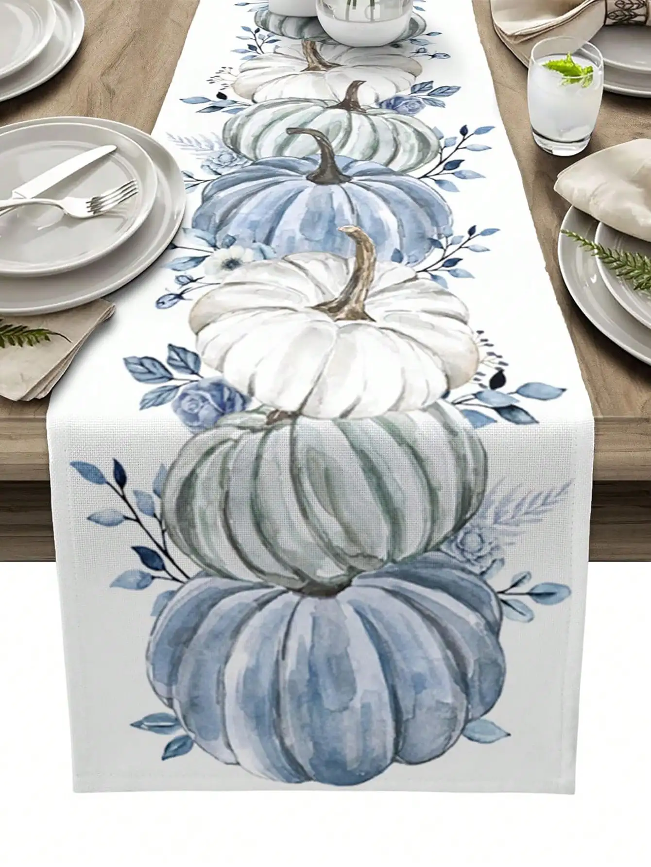 Fall Blue White Pumpkins Eucalyptus Leaves Table Runner Dresser Scarf Table Decor Reusable Autumn Harvest Kitchen Dining Table Runner Holiday Party Decorations