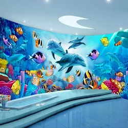 Custom Self-Adhesive PVC Mural Wallpaper 3D Cartoon Dolphin Fish Wall Sticker Waterproof Wallpapers For Bathroom Toilet