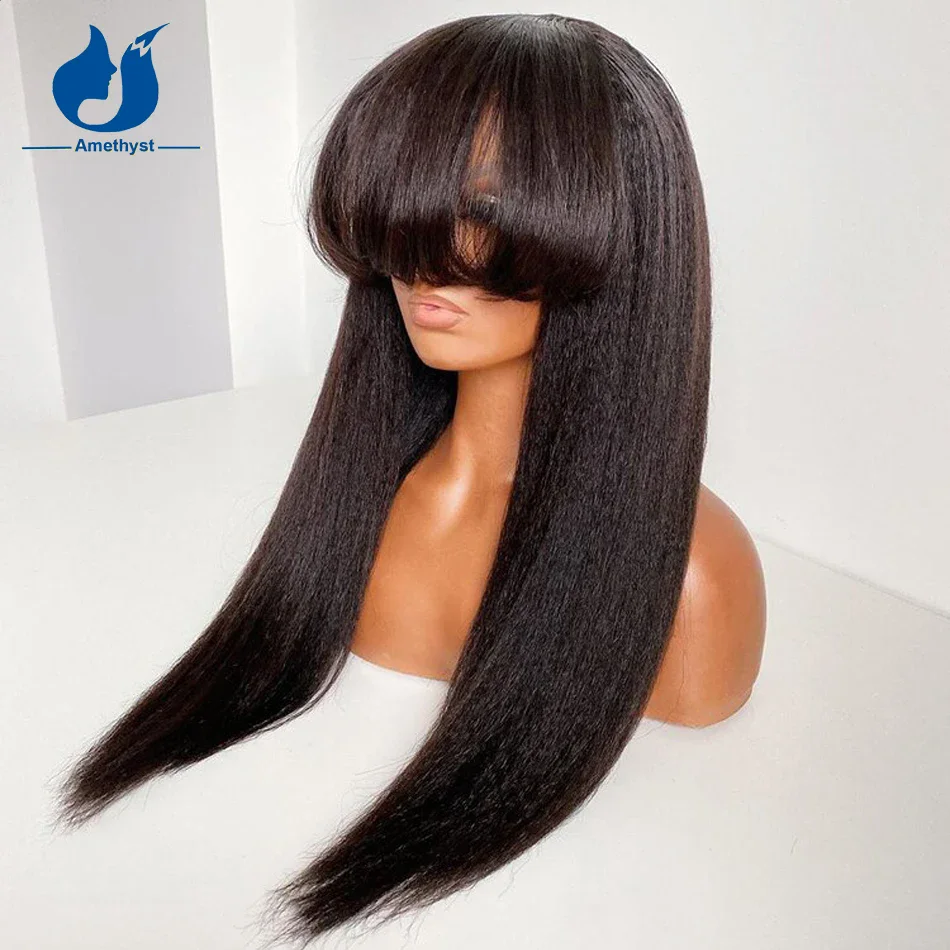 Ametyst Yaki Wave Natural Black Human Hair Wig with Bangs O Scalp Top Full Machine Made Italian Yaki Wig Remy Hair 150%-200%