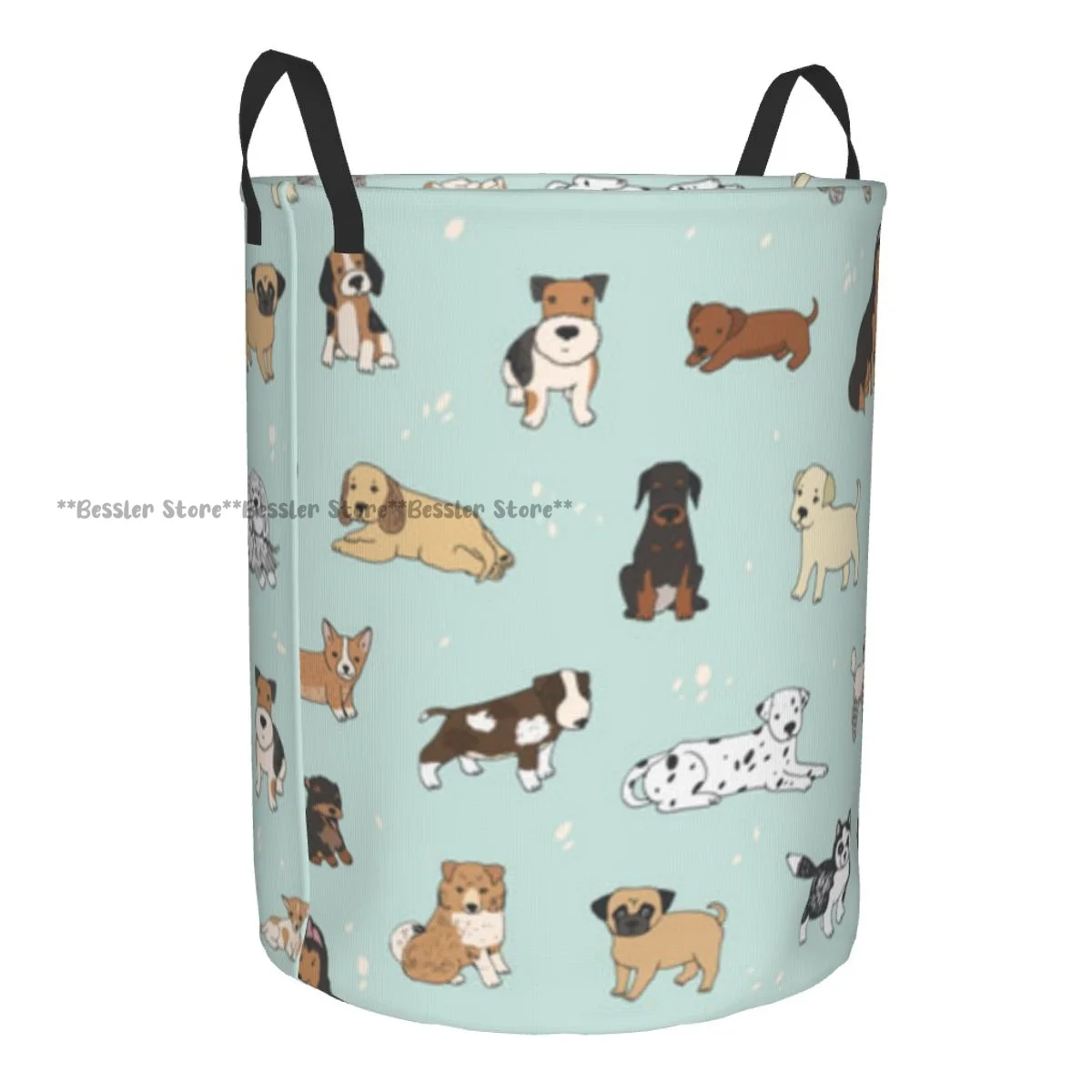 Laundry Basket Cute Cartoon Dogs Round Storage Bin Collapsible Hamper Clothes Bucket Organizer