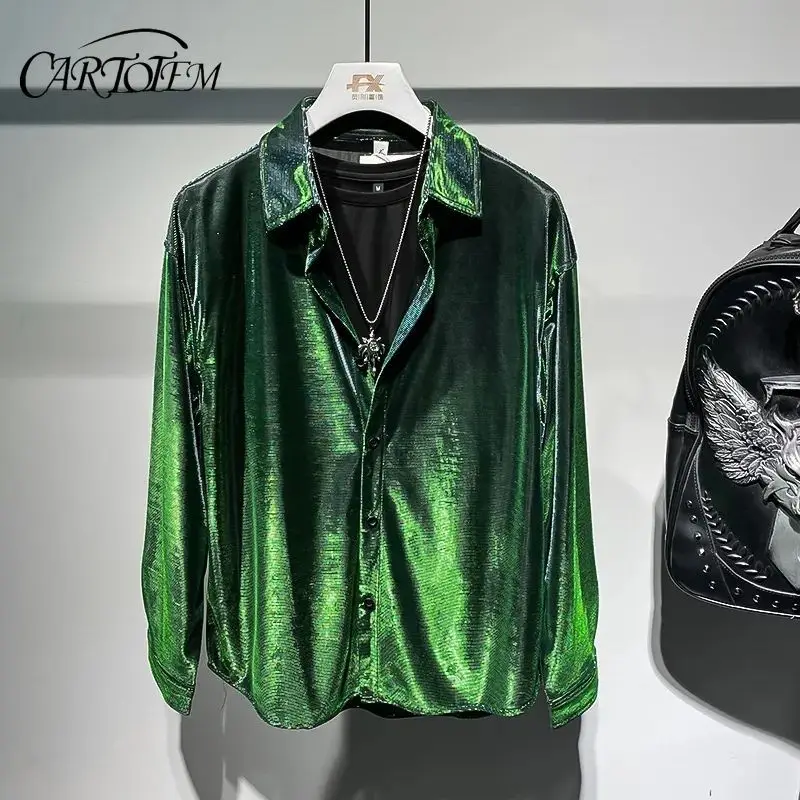 

Новая осенняя драпированная универсальная мужская рубашка из жидкого металла со сменным модным дизайном