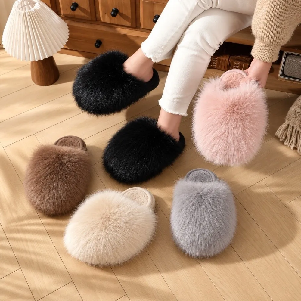 1 Pair Fluffy Faux Fur Women Fluffy Fur Slippers with TPR Non-slip Sole Non-slip Winter House Slippers Cozy Home Footwear