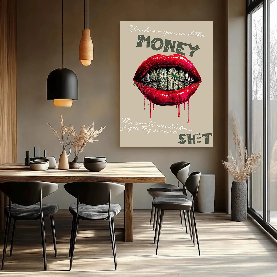 Edgy Red Lips Money Pop Art Canvas, Hustle Mindset Wall Poster, Urban Street Art Print, Cool Modern Decor For Office