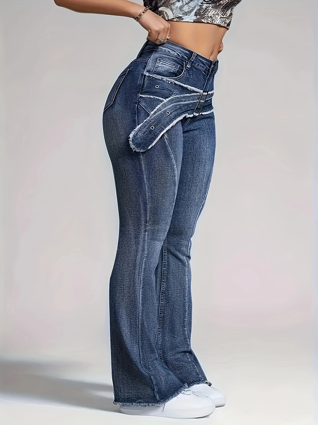 

Женские ретро-синие меховые края с искусственным поясом и изогнутым краем, модные расклешенные джинсы с микро-расклешенными краями