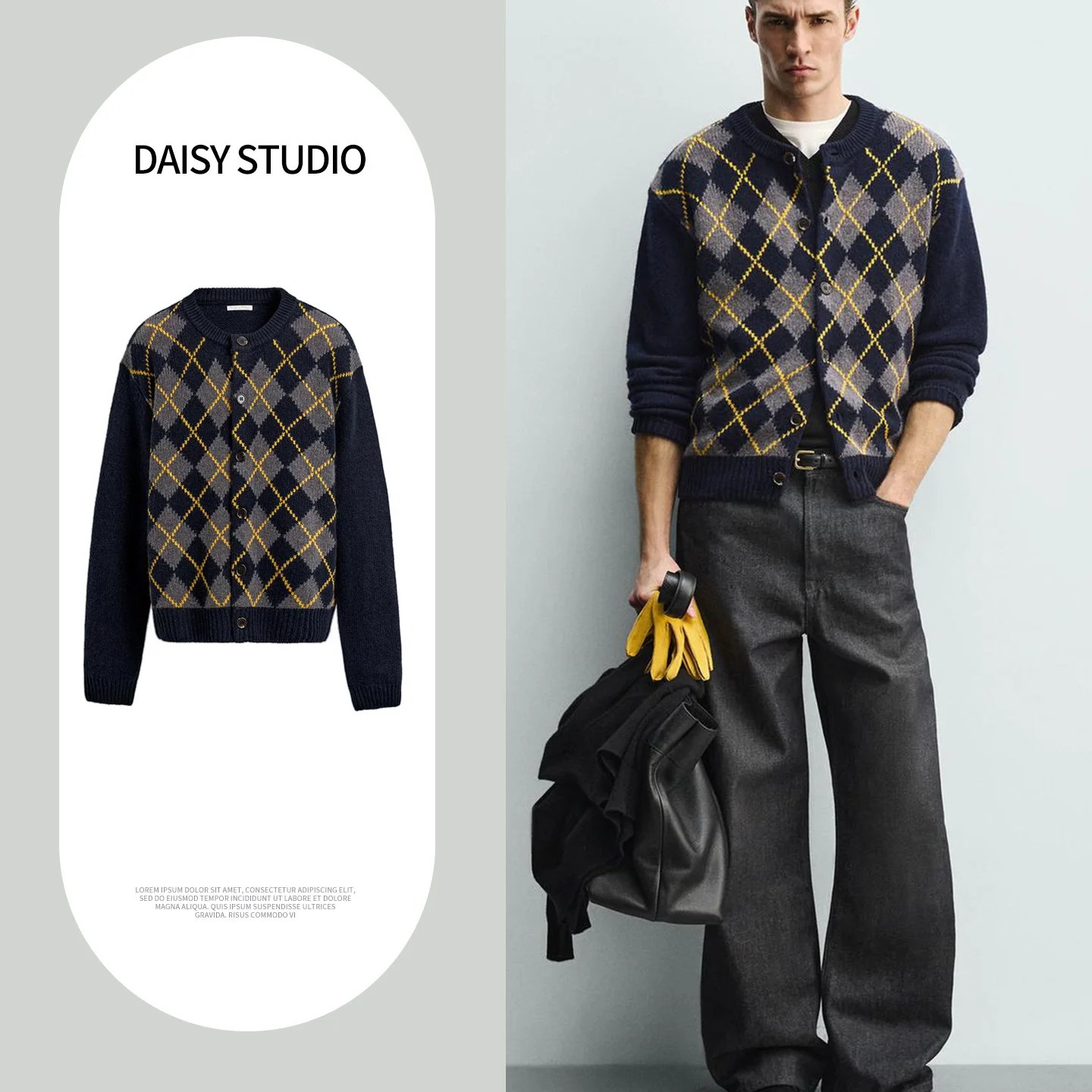 

Новый мужской приталенный прямой вязаный кардиган с длинным рукавом и ромбовидным узором, повседневная одежда из полиэфирного волокна, топ с круглым вырезом