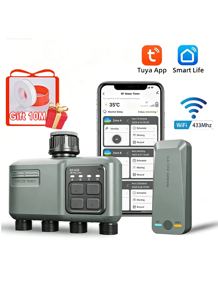 Sprinkler-Timer, 4 Zonen, Tuya WiFi, RF433, intelligenter Garten-Sprinkler-Wasser-Timer, Regenverzögerung, Filter, programmierbarer automatischer Bewässerungscontroller, Regenverzögerung/manuelle