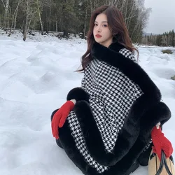 Fashion Luxury Vintage Full Faux Fur Trims Cape Plaids Knitted Like Cotton Coat Long Thick Cloak Shawl Outerwear