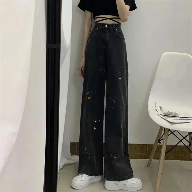 2025 Spring Sew Jeans Women's Black Painted Love Casual Straight Leg Mop Pants Woman High Waist Slimming Wide Leg Pants Trendy