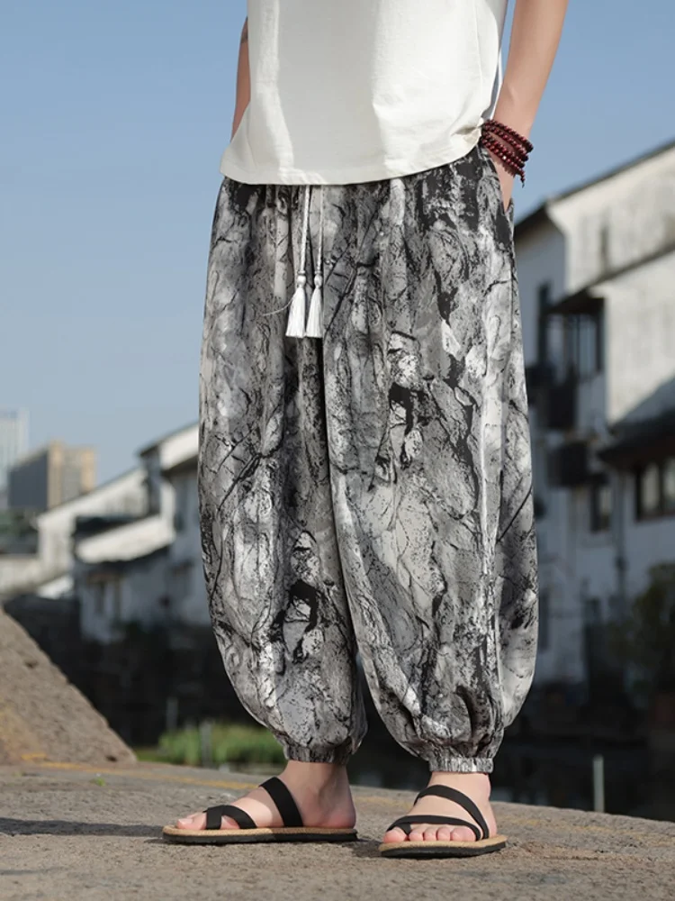 

Ice Silk Lantern Pants Men's Summer Loose Elastic Waist Nine Points New Chinese Sle Youthful Casual Loose Leggings