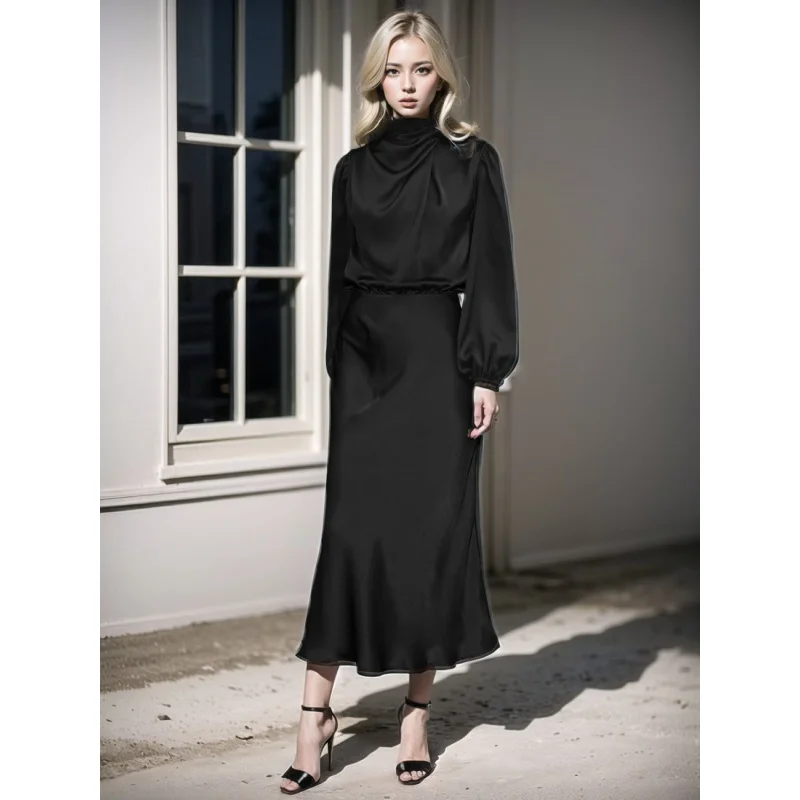 Women's Satin Long Sleeve Loose Dress, Elegant Women's Clothing, Evening Skirt, High-Grade Sense, Autumn, New, 2022