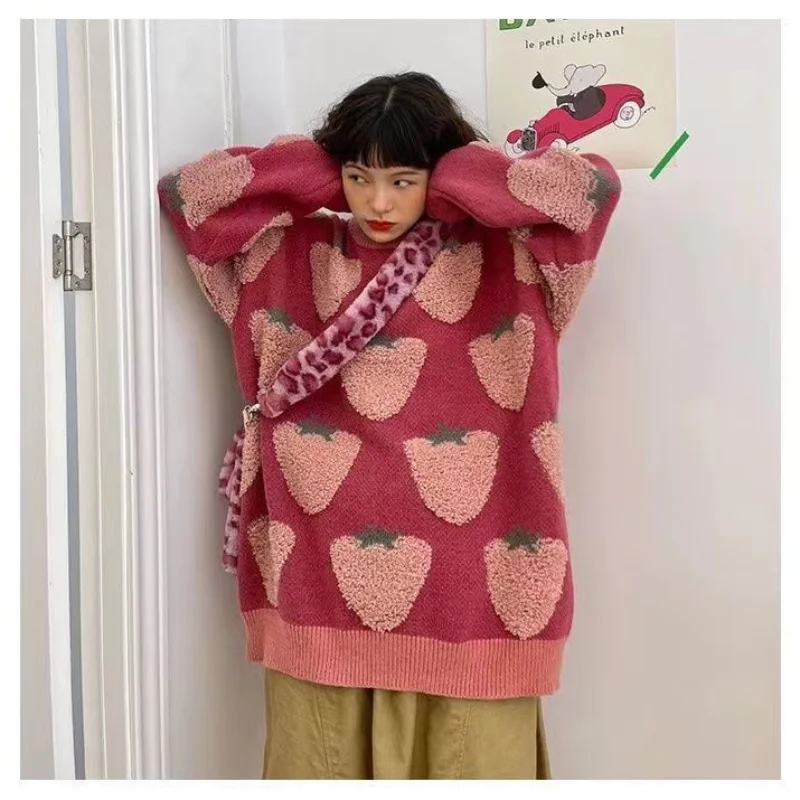 Japanese Kawaii Pink Sweater Women Harajuku Fashion Knitted Jumper Korean Style Knitwear Strawberry Oversized Pullover