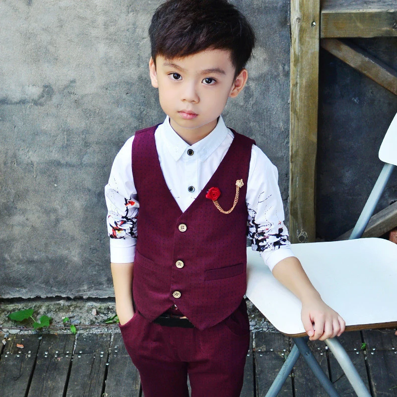 Wedding Suit for Boys Children Vest + Pants 2 Pieces Formal Suit Red Gray Boys Spring Summer England Style Kids Blazer Suits