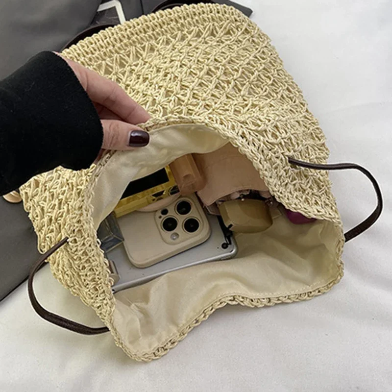 Women's Straw Backpack Summer Boho Bohemian Hollow Shoulder Bag Hobo Crochet Woven Travel Bags for Women Knitted Beach Back Pack - view 6