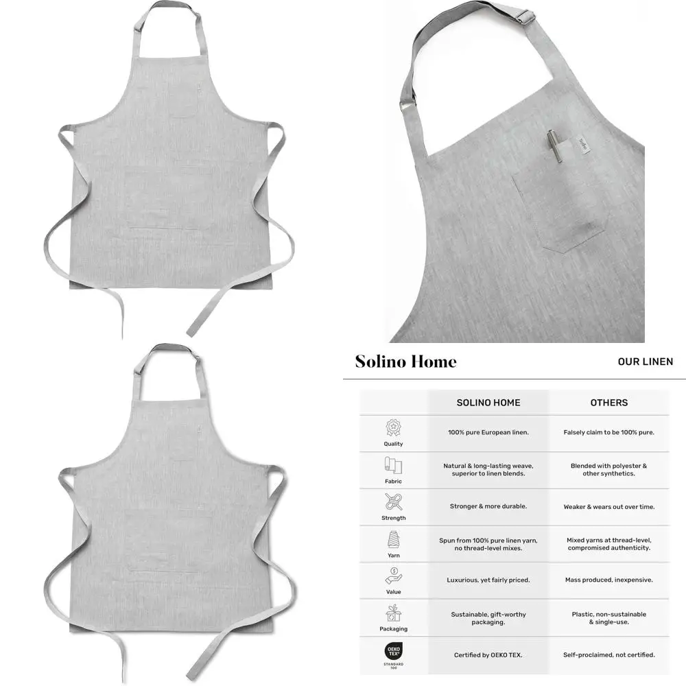 

100% Linen Light Grey Kitchen Apron with Front Pockets - Handcrafted from European Flax