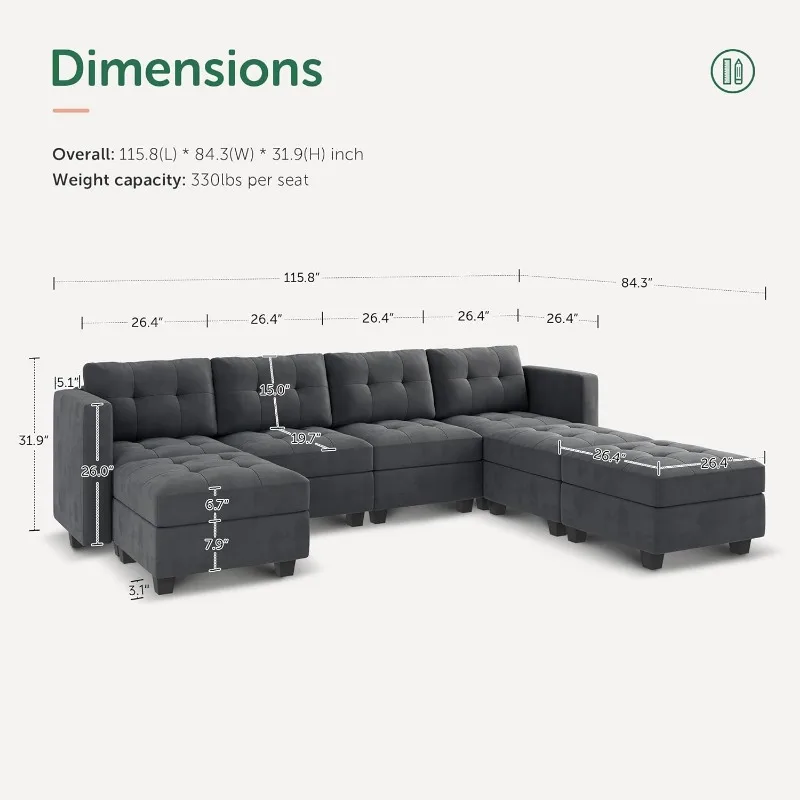 Modular Sectional Sofa Oversized U Shaped Couch with Storage Seat Velvet 7 Seater Modular Sofa with Reversible Chaises, Bluish