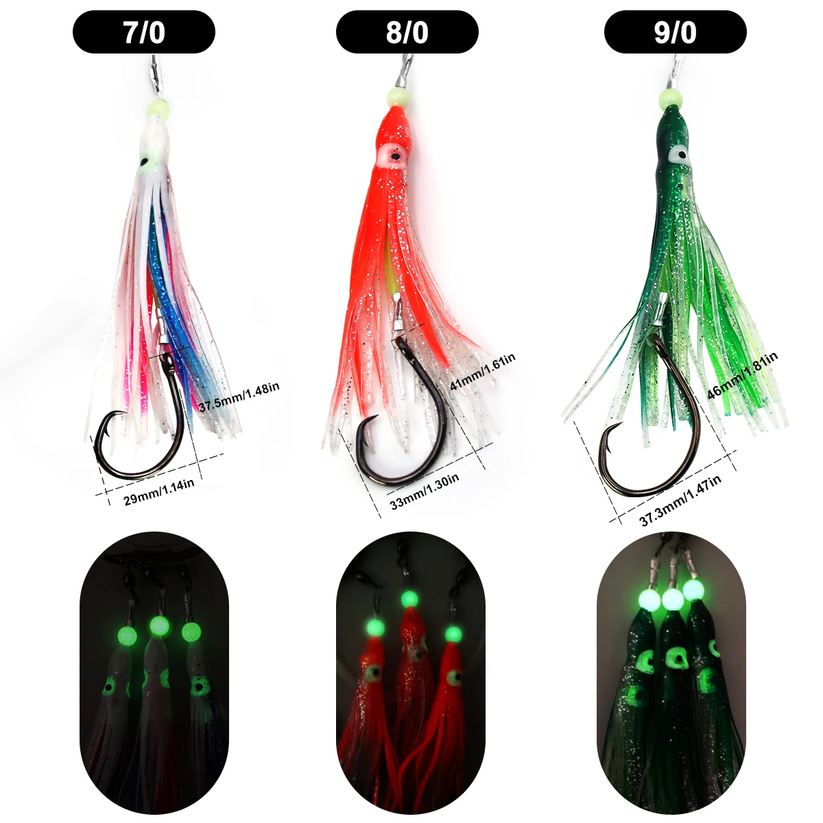 ZYZ Sea Fishing String Hooks with 7/0# 8/0# 9/0# Black Circle Hooks Luminous Octopus Fake Bait Saltwater Fishing Hooks