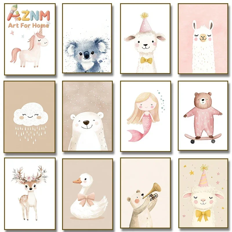 AZNM Watercolor Cute Animal Canvas Print Unicorn Koala Llama Mermaid Deer Duck Bear Cloud Unframed Canvas Wall Art Neutral Nurse