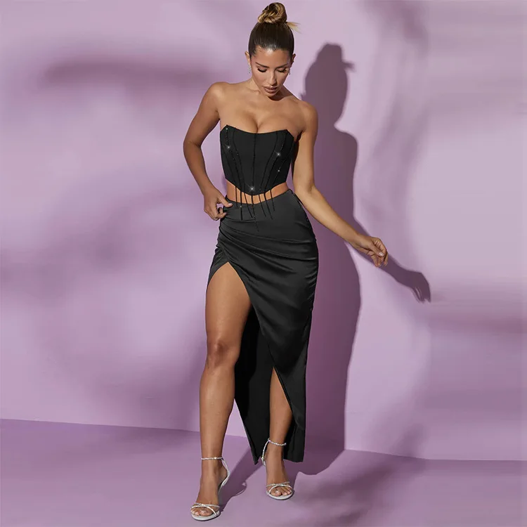 مثير Strapl منتصف الخصر تنورة كبيرة سوينغ الدكتور قطعتين مجموعة مع تفاصيل شرابة عبر الحدود كبير انتفض ثوب للنساء