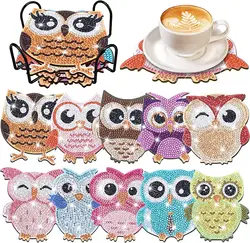 10pcs/Set DIY Diamond Art Owl Coasters with Holder Anti Slip Wood Drip Mats Special Shape Diamond Painting Coasters for Drinks