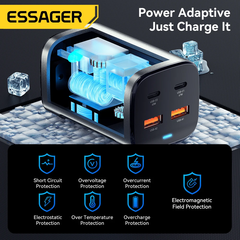 Essager 67W USB C GaN Charger Desktop Quick Charge 4.0 QC 3.0 PD Type C Fast Charging For MacBook Samsung POPC iPhone 15 Laptop