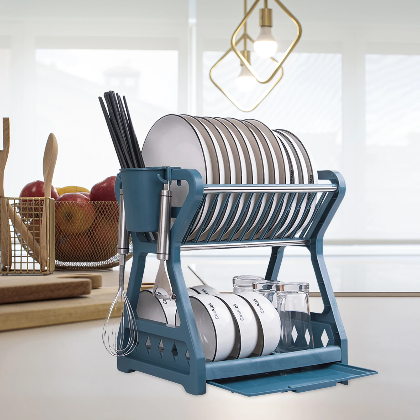 

Kitchen Dish Rack Drying Holder Large Multifunctional Plastic Dish Drainer Rack Bowl Cup Pot Lid Storage Countertop Tableware