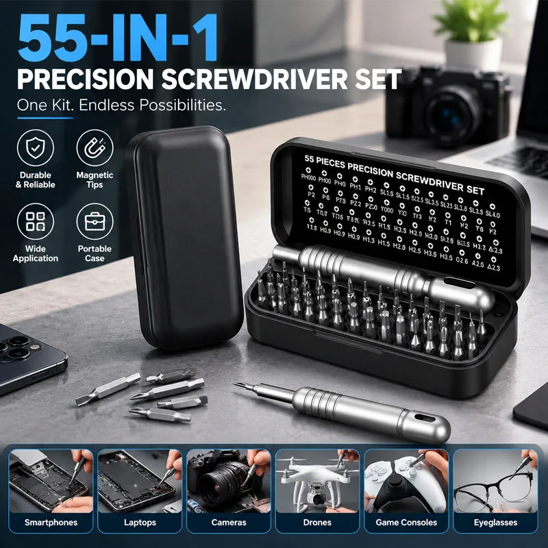 55 In 1 Magnetic Multifunctional Screwdriver Set, Portable Storage Box, Notebook Camera, Watch Maintenance Precision Tool.