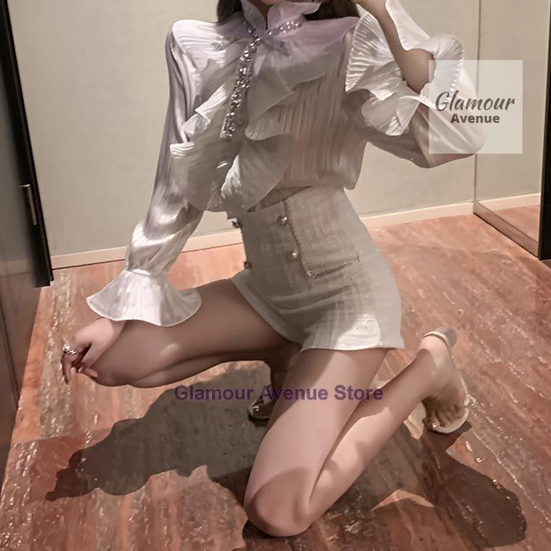 French design sense niche unique wooden ear sequined bow tie-up shirt women's summer semi-high collar flared sleeve shirt