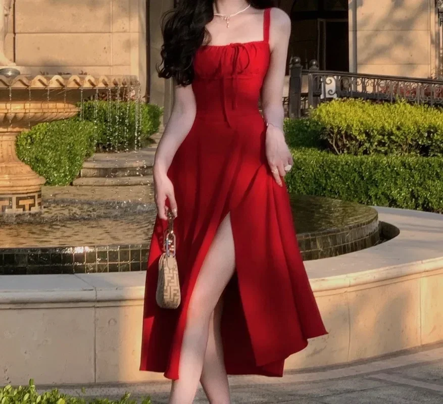 

French Elegant White Strap Midi Dress Summer New Casual Evening Party Dress Women Beach Sleeveless Lace-up Red Dress Korean Y2k