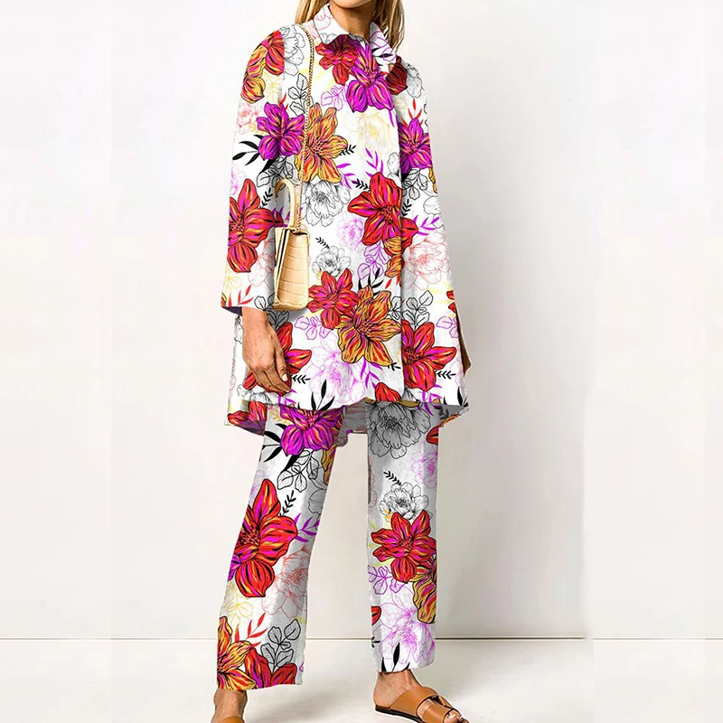 Women Vintage Abstract Print Casual Outfits Sexy Lapel Collar Button Blouses & Long Pants Suit Spring Autumn Loose Two-piece