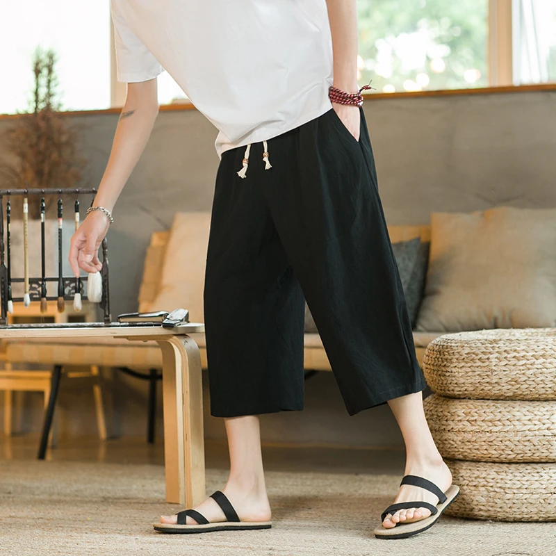 Men Harem Pants Vintage Cotton Linen Elastic Waist Wide Leg Trousers Female Casual Solid Pockets Loose Cropped Pants