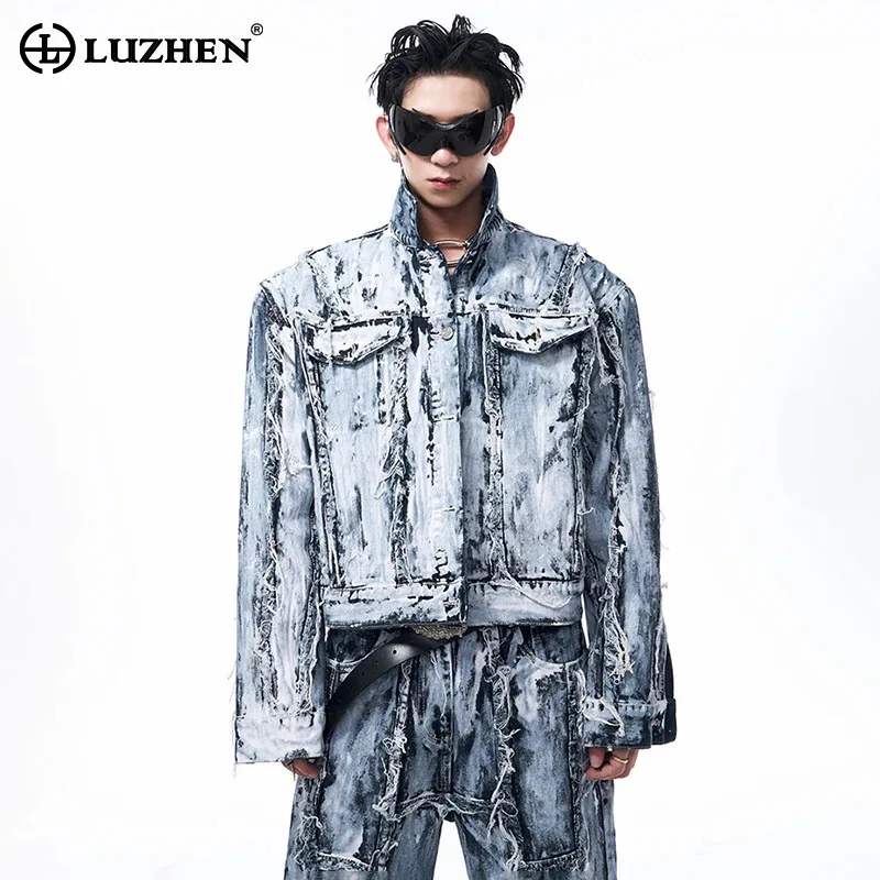 LUZHEN Denim Jackets Coat Set Original High Street Tassel Design Scrawl Handsome Men's Autumn Straight Jeans Worn Style LZ6979