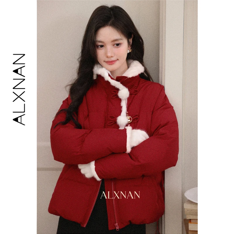 ALXNAN New Chinese Style Down Jacket Women 2026 Winter Short Puffer Coat 90% White Duck Down Red Lightweight Padded Parka L59355