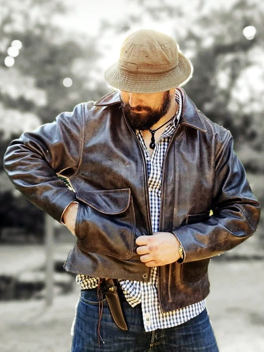 

Мужская кожаная куртка Curphey из винтажной матовой воловьей кожи с коротким рукавом, на молнии, модная, городская, для осеннего сезона, повседневная одежда