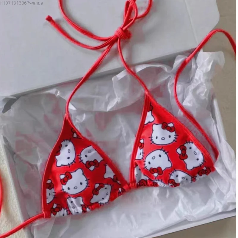 Sanrio Hello Kitty damskie różowe zestaw Bikini Y2k 2023 słodkie kreskówki nadrukowane bez rękawów seksowne Bikini zestaw do pływania na wakacje na