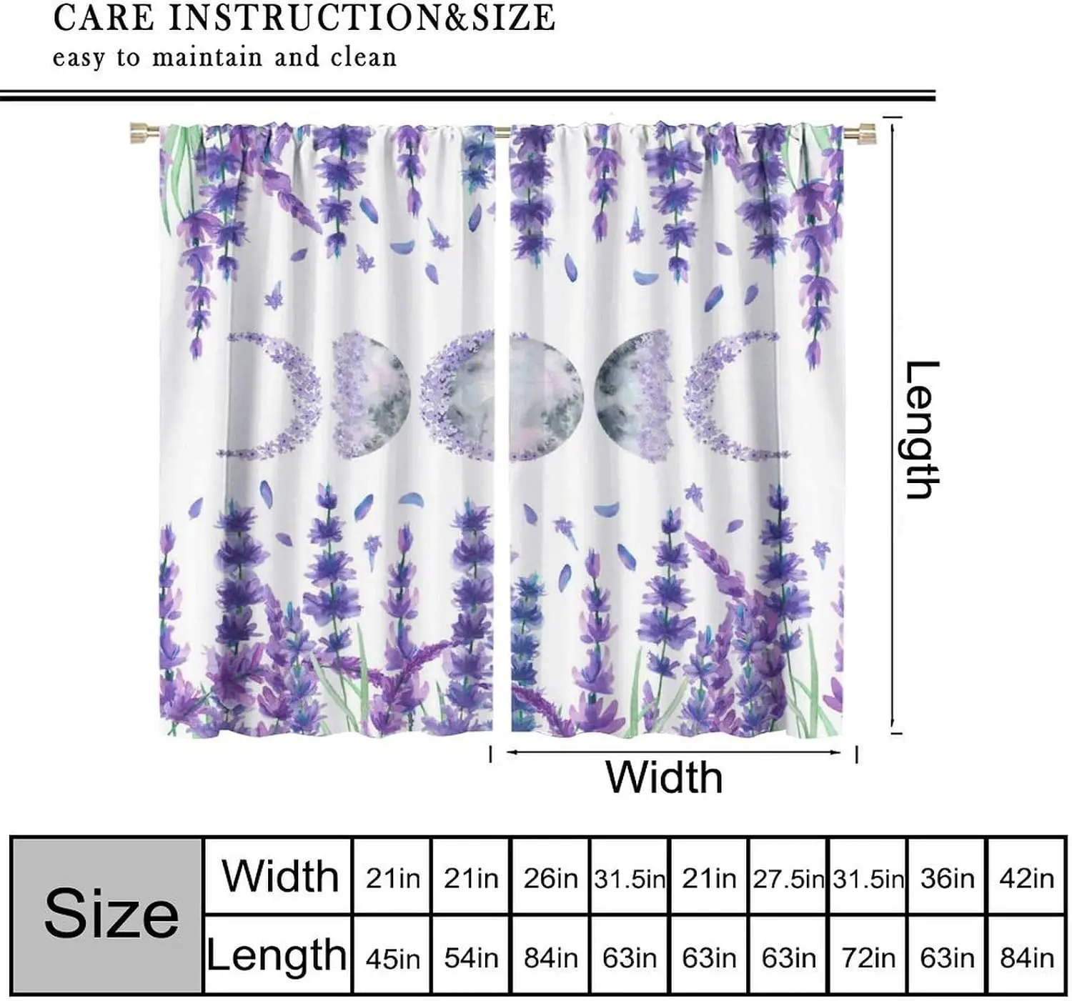 Mystical Floral Blackout Curtain White Watercolor Lavender Moon Cycle Purple Flower Rod Pocket Panels Soft Boho Bedroom Decor