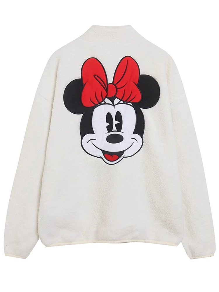 ديزني ميني ماوس التطريز صوف الضأن ديزني باريس البلوز المرأة طويلة الأكمام سترة البلوز القمم الأبيض كم طويل للجنسين