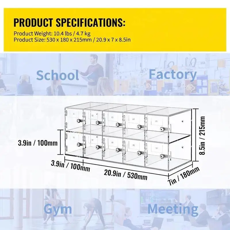 Cell Phone Storage Locker, 10 Slots Acrylic Material with Door Locks and Keys, Wall-Mounted Cabinet Pocket Office Classroom Gym Box, Clear - view 5