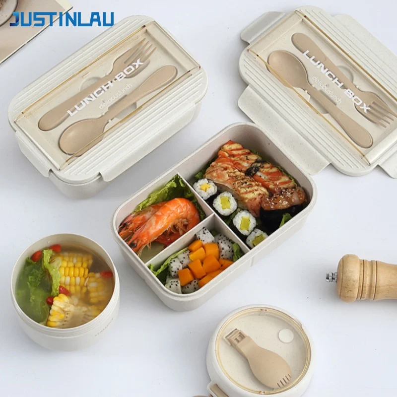 

JUSTINLAU Wheat Straw Lunch Box Portable Bento Box Soup Cup with Spoon Fork Food Grade Microwave Safe Lunch Boxes Home Tableware