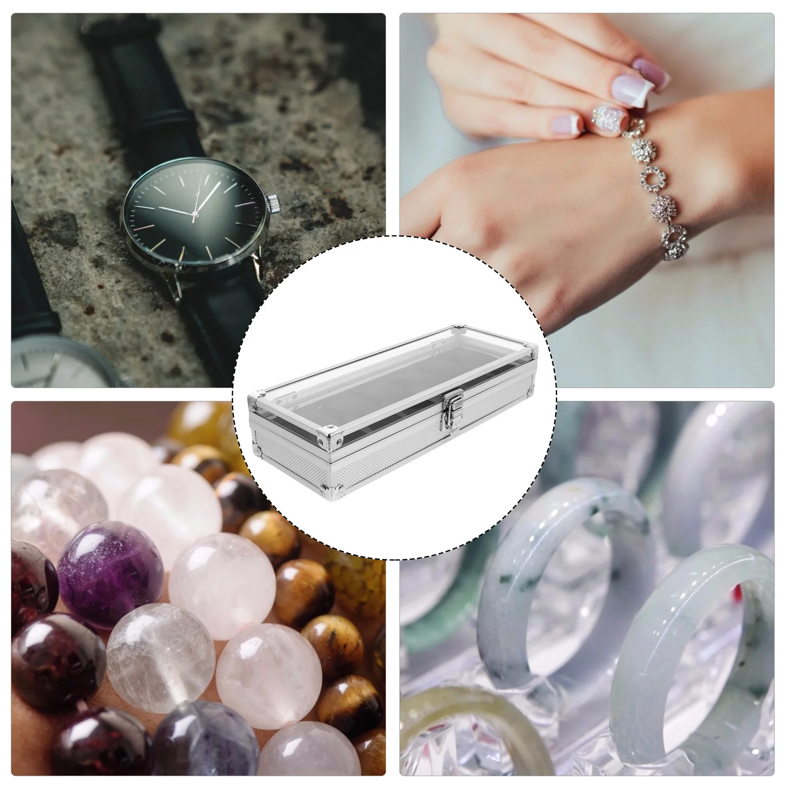 

Silver Aluminium Watch Storage Box 5 Watches Capacity Transparent Window Lock Design Jewelry Organizer Watch Box