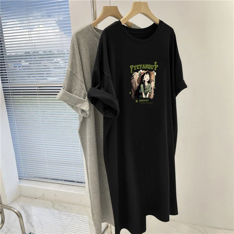 Women Clothing Vintage Cartoon Printed Pullovers Dresses, Summer O-neck Short Sleeve Dress, Casual Loose Knee Length Tunic