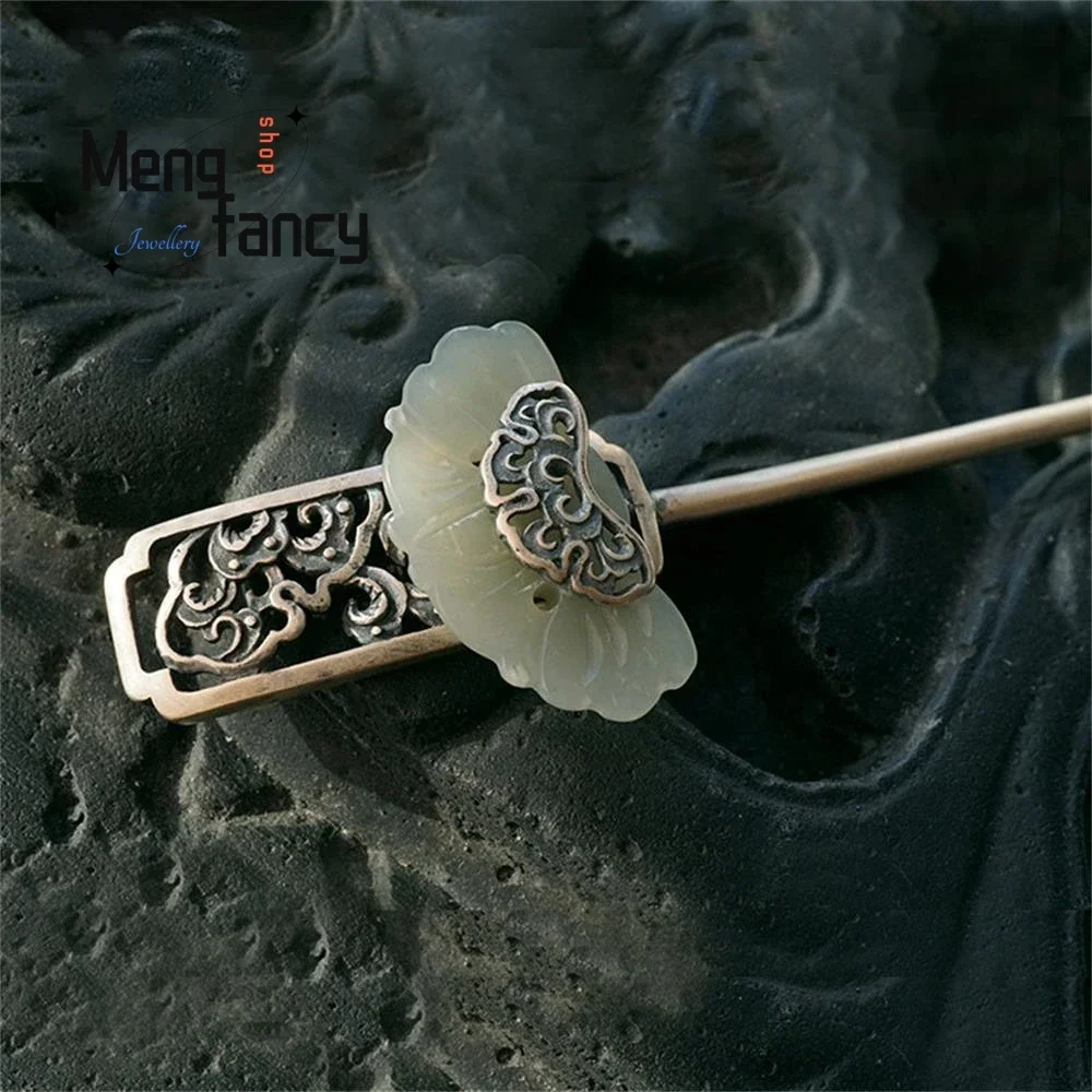 Vintage Fan-shaped Auspicious Clouds Hollow Hairpin Literary Silver-plated Natural Hetian Jade Headgear Luxury Fashion Jewelry